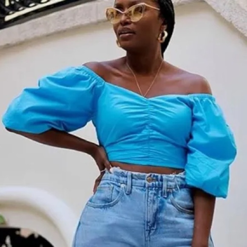 The Drop Women's Cyan Blue Puff Sleeve Sweetheart Top by @tenickab